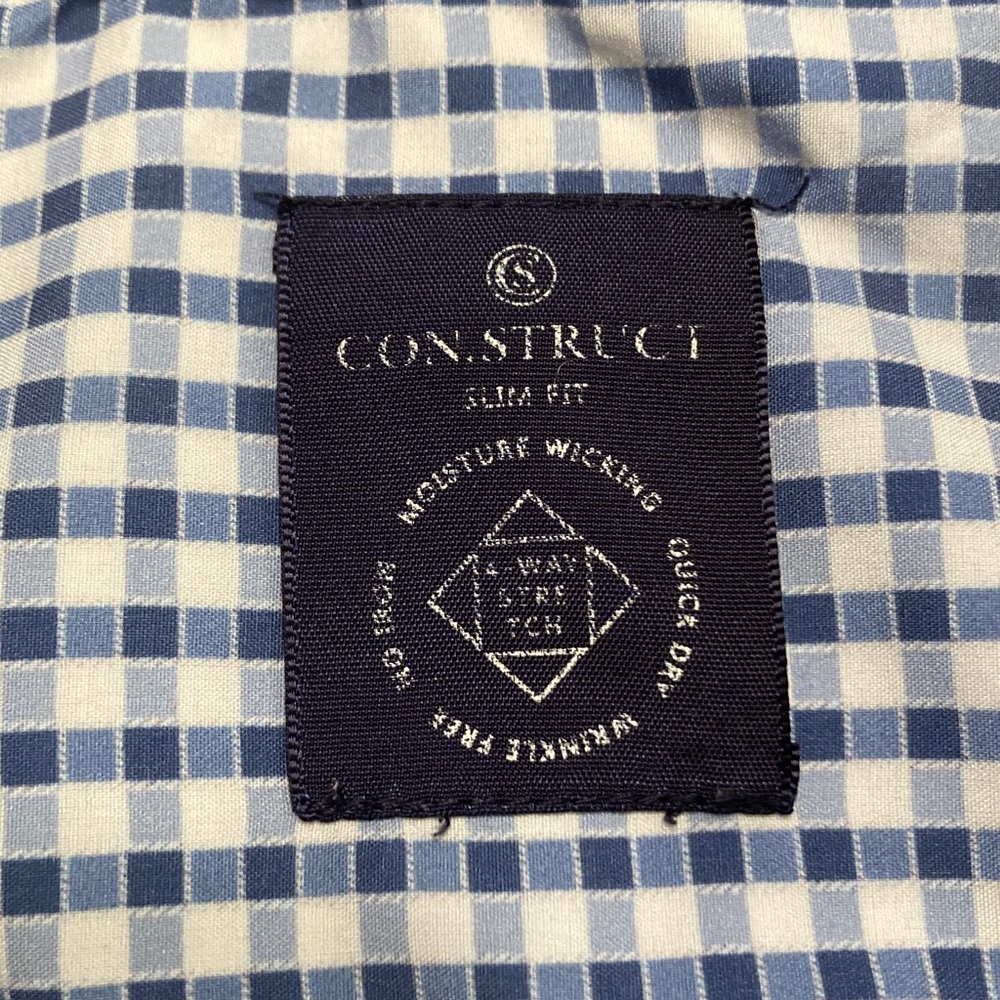 Construct Blue and White Gingham Mens Shirt Size 17/34-35 Slim Fit 4 Way Stretch - Picture 5 of 10